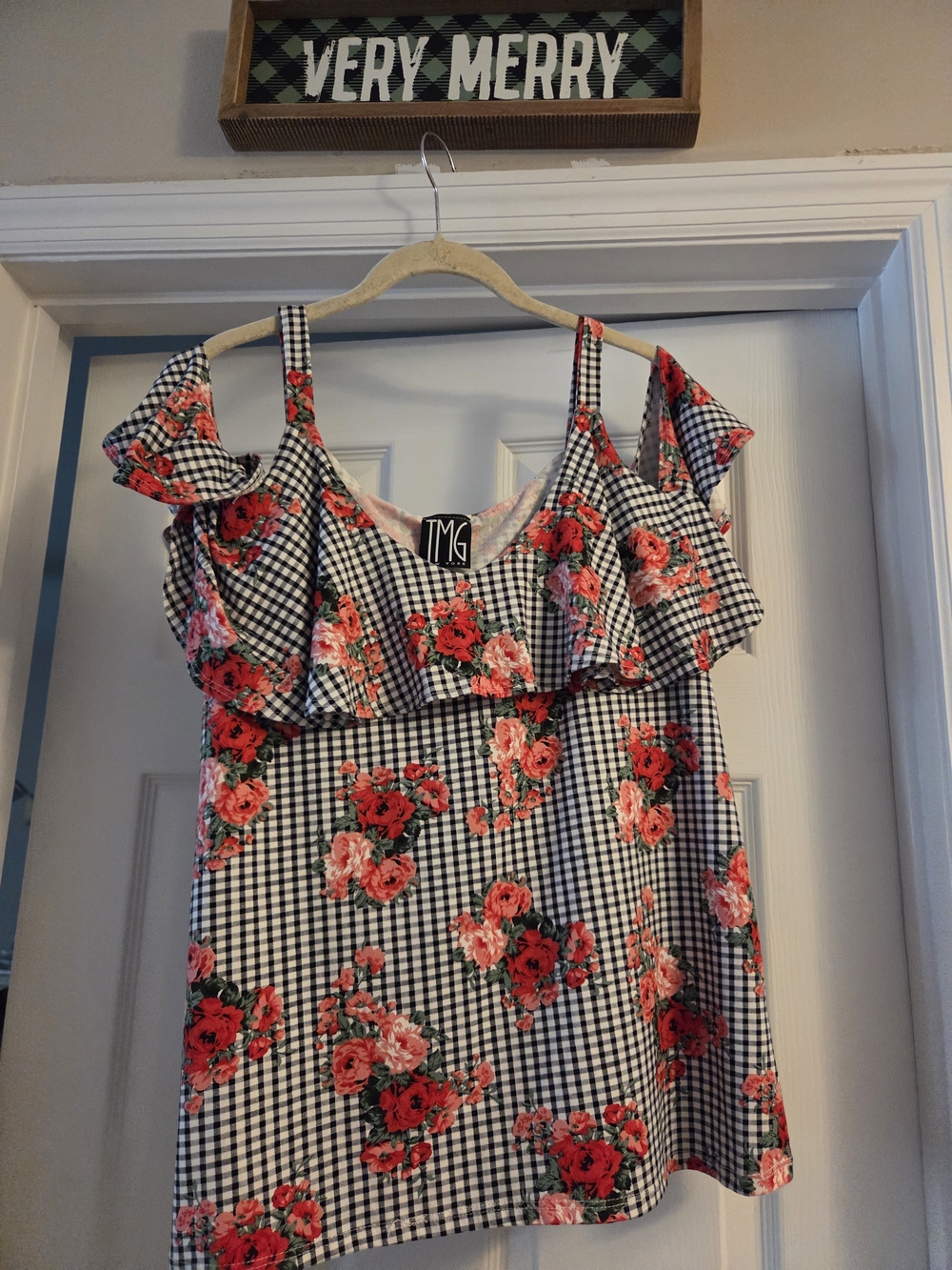 TMG Black & White Gingham Cold-Shoulder Blouse with Pink/Red Floral